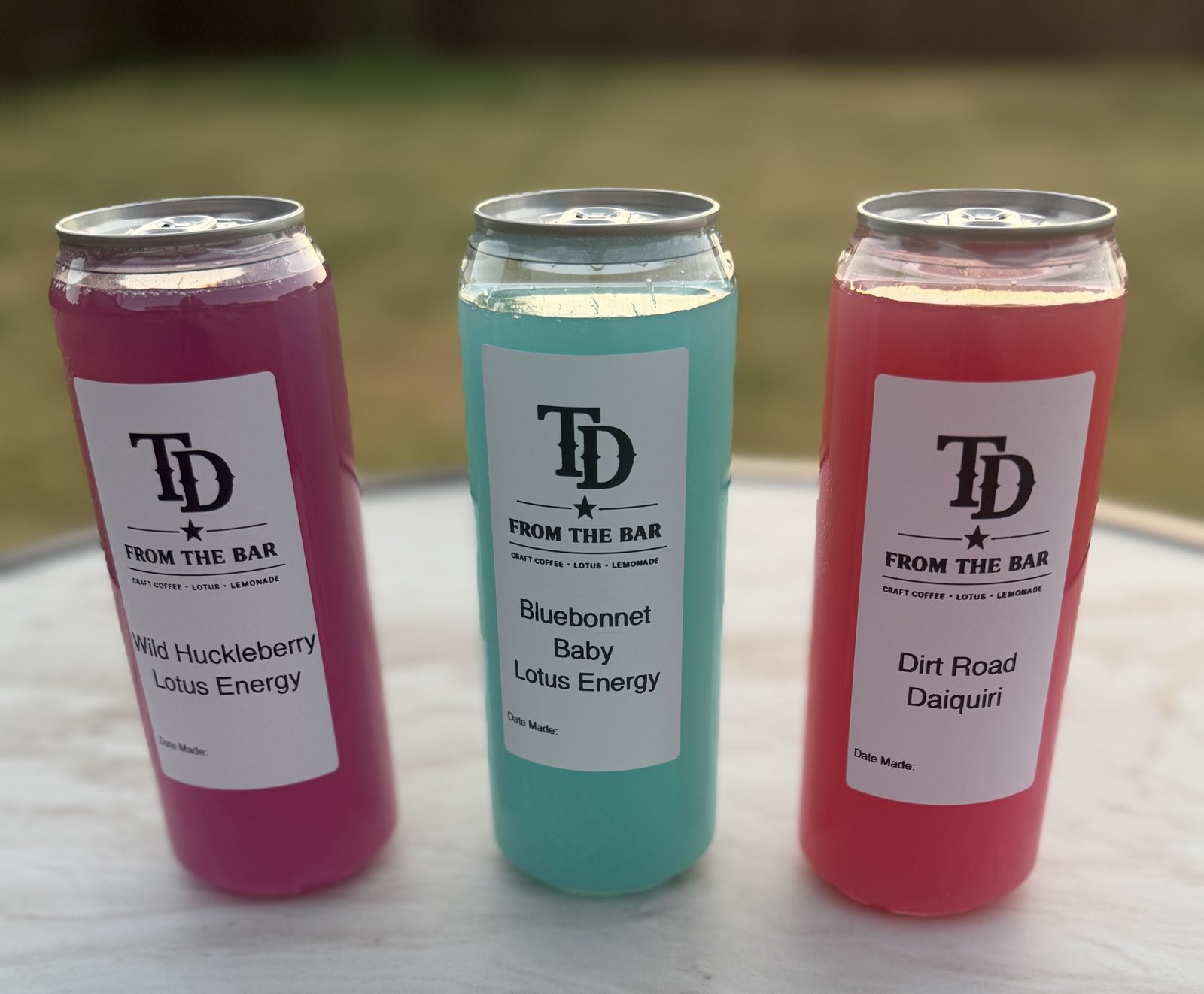 Wild Huckleberry, Bluebonnet Baby, and Dirt Road Daiquiri Lotus Energy drinks